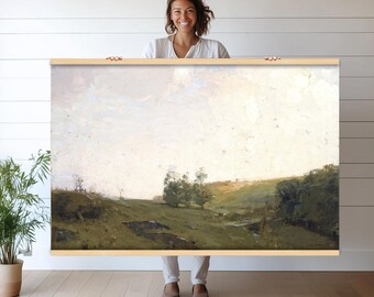 大型アンティークフランス油絵、人物が描かれた川の風景、19世紀の