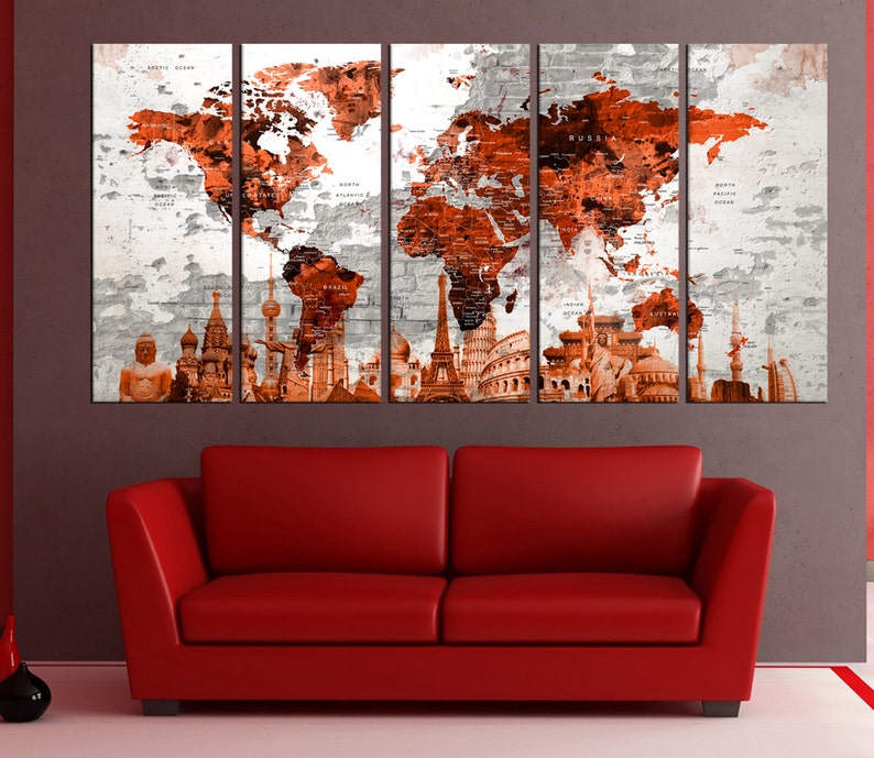 Large World Map Canvas Travel Map Wall Art Watercolor World Etsy