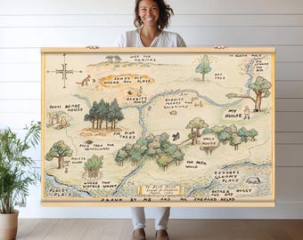 May include: A hand-drawn map of the Hundred Acre Wood from Winnie the Pooh, featuring locations like Pooh Bear's house, Rabbit's house, and Owl's house. The map is drawn in a whimsical style with green, brown, and yellow colors. The text on the map reads "Drawn by me and Mr. Shepard helped."