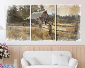 Canvas rustieke boerderij | Grote vintage schuurmuurkunst | Landelijk landschapskunstwerk voor thuis, woonkamer of kantoor md395