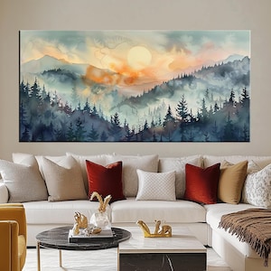Sunset Mountain Watercolor Canvas Print | Peaceful Misty Landscape Wall Art | Tranquil Forest Scene | Calm Nature Wall Decor md355