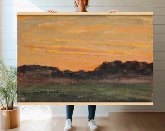 Impresión en lienzo de paisaje de atardecer / Tapiz colgante de pared con cielo en tonos cálidos / Pintura de atardecer de gran tamaño para decoración del hogar y la oficina h326