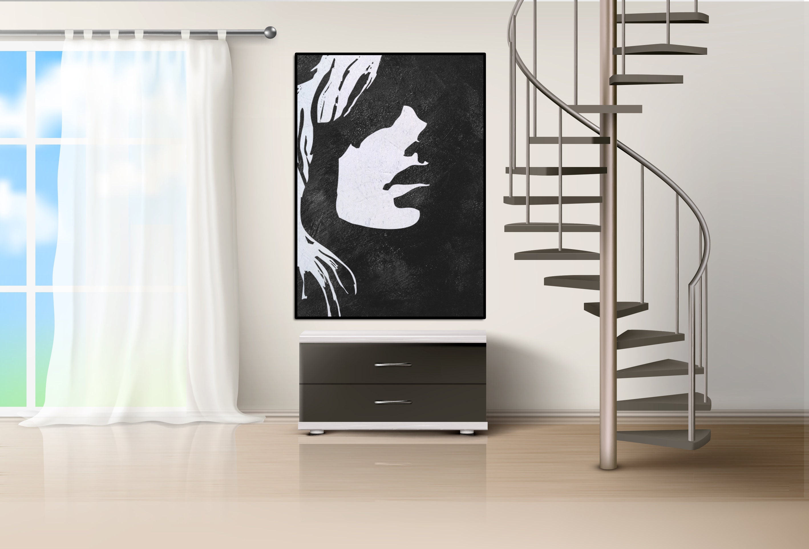 Black White Minimalist Abstract Painting Woman Face Silhouette Modern ...