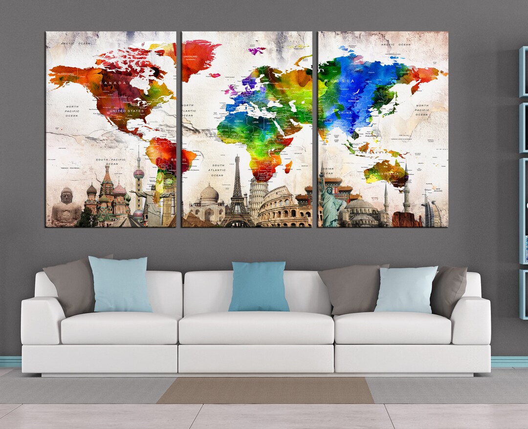 Extra Large Wall Art World Map Canvas Print 3 Panel Canvas Art for ...
