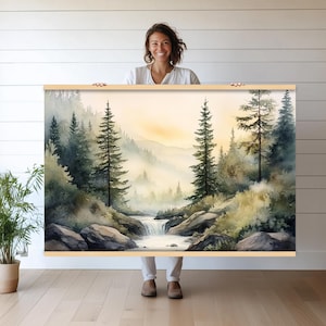 Misty Mountain Forest Canvas Print | Tranquil Waterfall Wall Hanging | Large Scenic Tapestry Serene Nature Landscape Art Woodland Decor h265