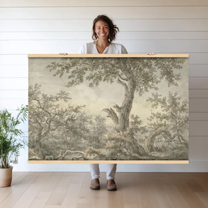 Ancient Oak Tree Canvas Print | Large Wall Hanging Tapestry | Nature Rustic Home Decor with Vintage Watercolor Art for Living Room h241