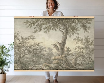 May include: A framed print of a vintage landscape painting depicting a forest scene with tall trees and a cloudy sky. The painting is in shades of gray and brown.