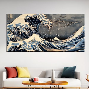 Japanese Wave Inspired Canvas Print | Large Wall Art | Ocean Wave Art in Blue and Beige Tones | Perfect for Modern Home Decor md370