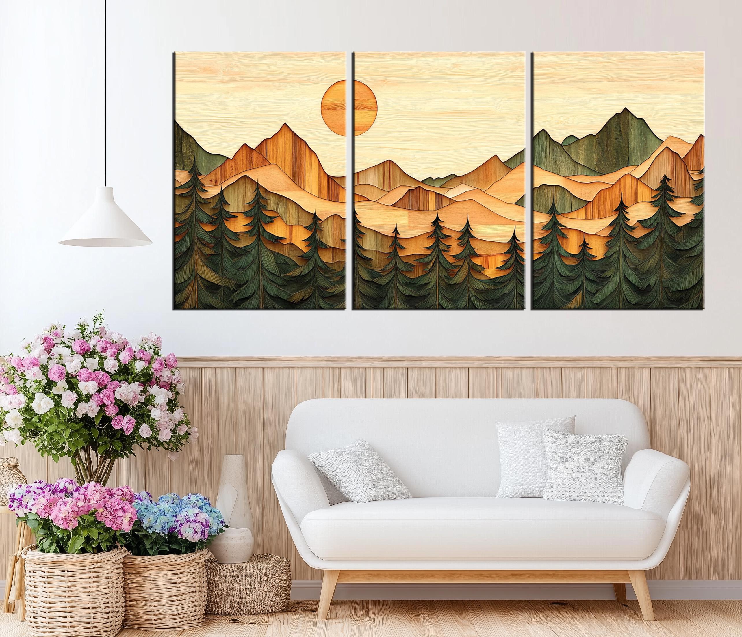 Wood Effect Mountain Canvas Print With Pine Trees - Rustic Forest