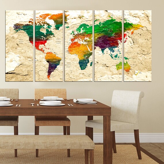 5 Panel World Map Canvas Canvas World Map Push Pin Wall Art 5 Panel World Travel Map | Etsy Singapore
