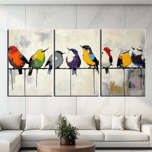 Colorful Birds on Wire Canvas Print | Large Wall Art for Living Room | Vibrant Modern Bird Art | Ready to Hang | Nature-Inspired Decor m385
