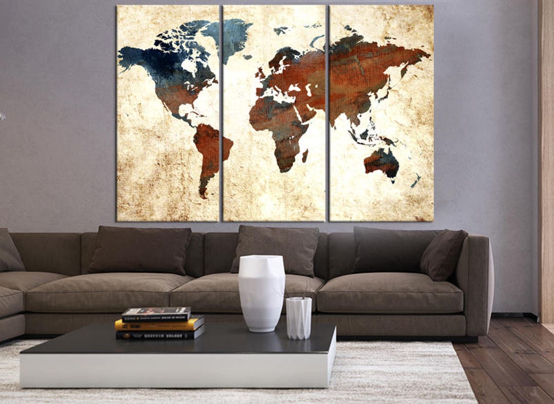 Large Wall Art 3 Pieces for Living Room Textured World Map Etsy