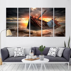 Shipwreck Sunset Canvas Wall Art - 5 Panel Beach Sunset Painting, Nautical Decor, Ocean Shipwreck Art Print, Coastal Home Decor df272