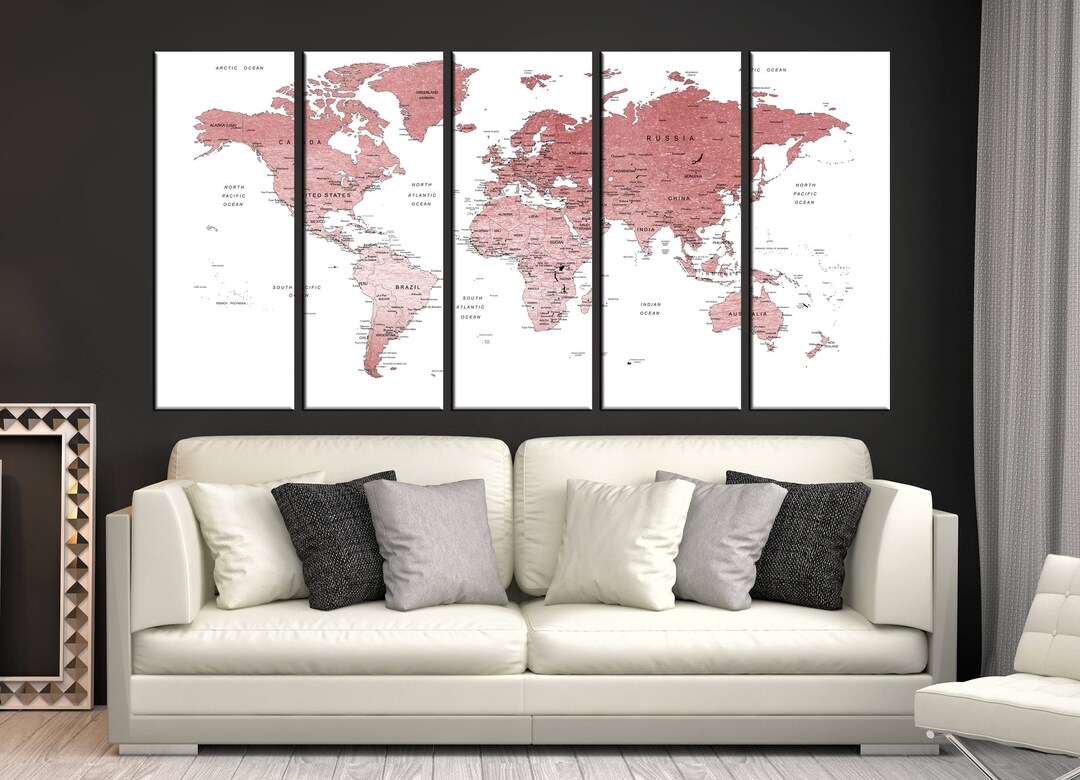 Rose Gold World Map Wall Art Large Canvas Print Set Push Pin Etsy