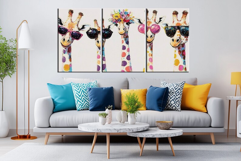 Whimsical Giraffe Family Canvas Print | Polka Dot Sunglasses Animal Art ...