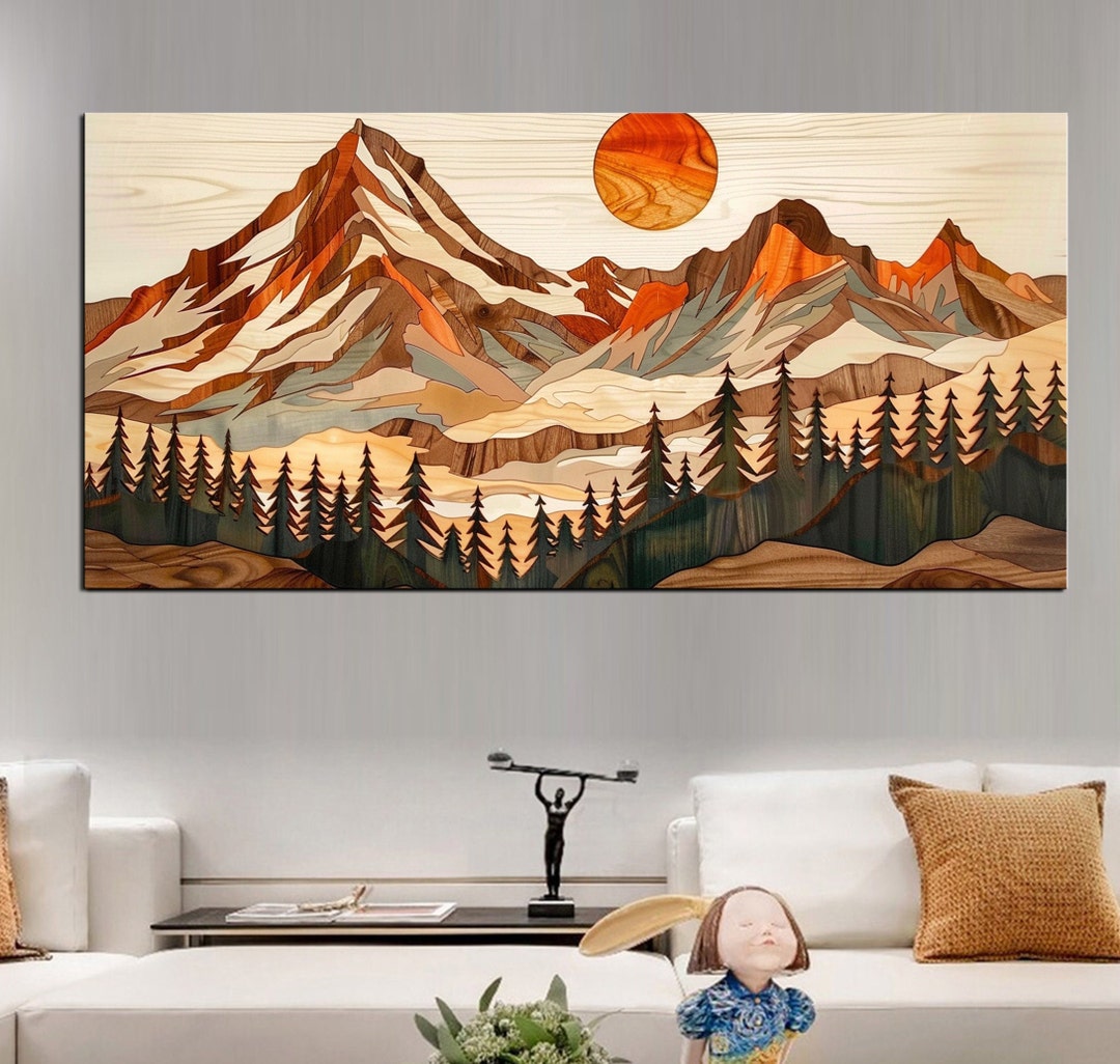 Sunset Wood Mountain Range Wall Art Canvas| Set of 3 Wood Panels ...