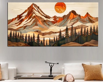 Sunset wood Mountain Range Wall Art canvas| Set of 3 Wood Panels | Modern Rustic Wall Decor | Large Wood Effect Art unique home gift md45