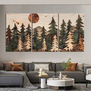 May include: A three-piece wood wall art set featuring a stylized forest scene with a sun in the background. The trees are layered and carved to create a 3D effect. The wood is a light brown color with green and brown accents.