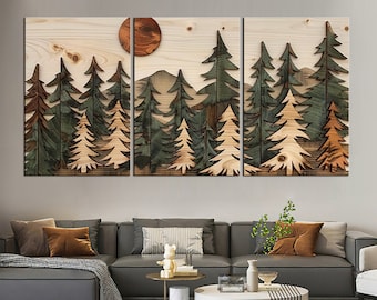 Rustic 3D Wood Wall Art Canvas print Framed Pine Trees and Sun Canvas Print | Modern Forest Landscape Decor Abstract Western Wall Art md56