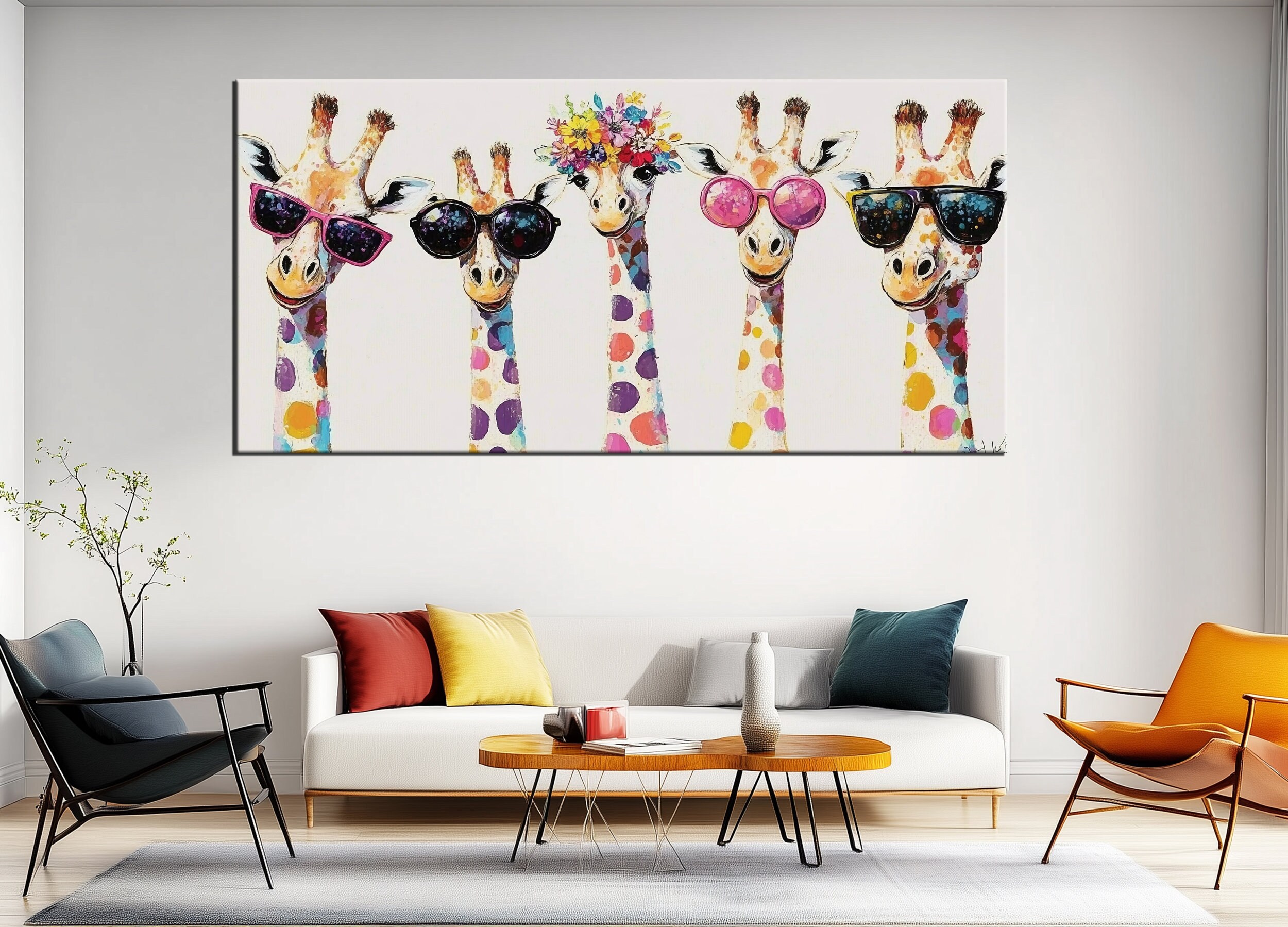 Whimsical Giraffe Family Canvas Print | Polka Dot Sunglasses Animal Art ...