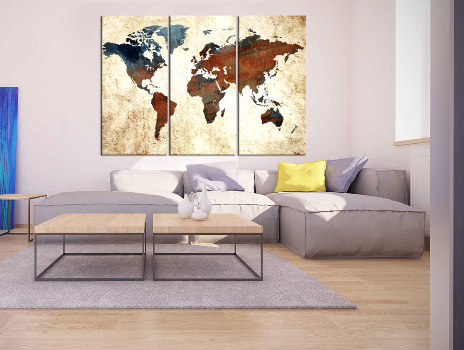Large Wall Art 3 Pieces for Living Room Textured World Map Etsy