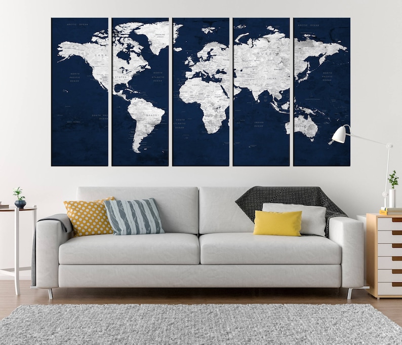 Extra Large Wall Art Navy Blue Push Pin World Map Canvas Print Old ...