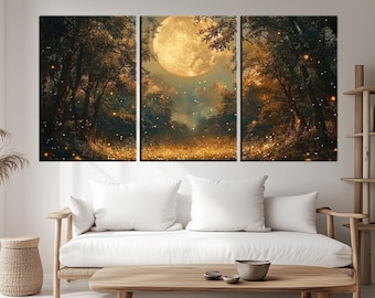 May include: A three-panel canvas print depicting a moonlit forest scene. The moon is a bright yellow and is surrounded by a dark forest with glowing fireflies. The forest is a dark green and brown with a light path leading into the distance.
