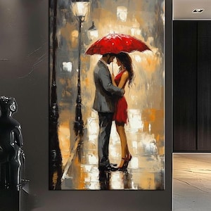 Romantic Couple Canvas Print | Red Umbrella Wall Art | Rainy Night Artwork | Large Romantic Wall Decor | Love-Inspired Home Decor m446