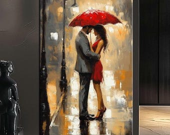 Romantic Couple Canvas Print | Red Umbrella Wall Art | Rainy Night Artwork | Large Romantic Wall Decor | Love-Inspired Home Decor m446