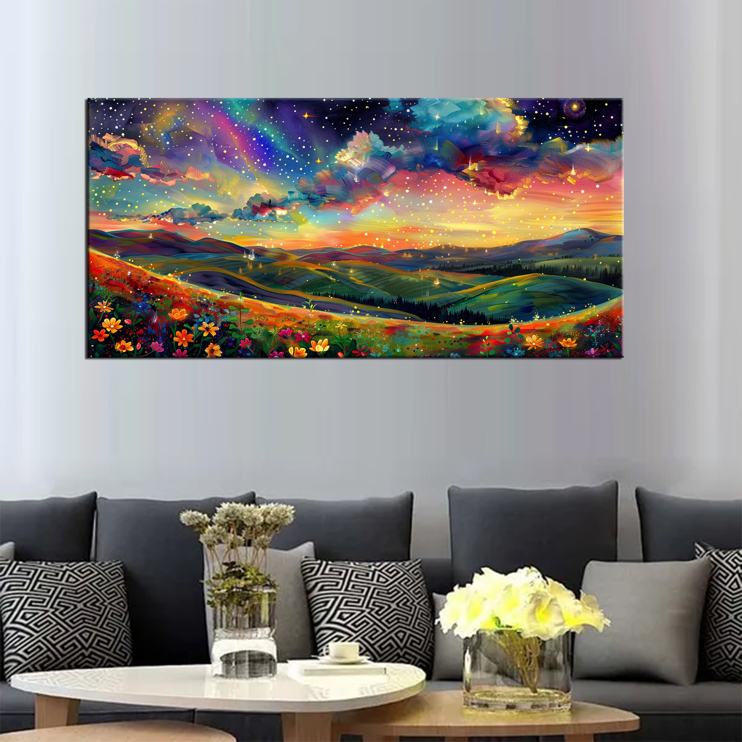 Starry Night Sky Canvas Print | Ethereal Flower Landscape Wall Art ...
