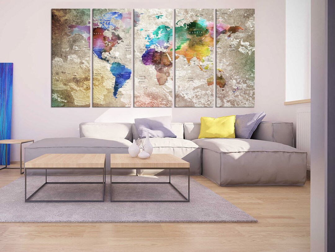 World Map Canvas Wall Art Sets of 5, Push Pin World Travel Map Framed ...