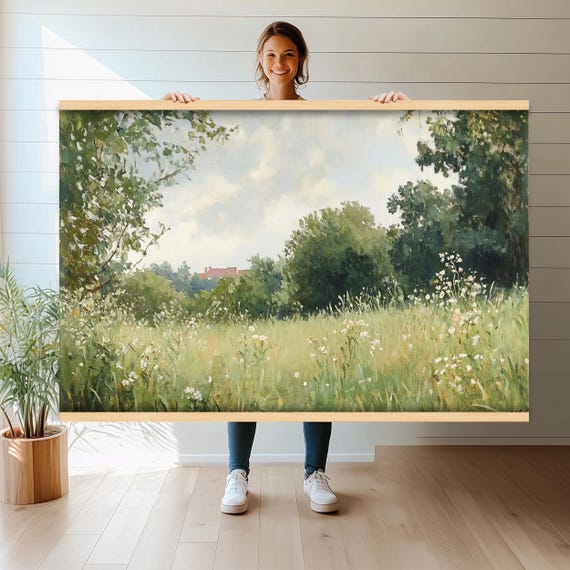 Tranquil Meadow Landscape | Large Canvas Tapestry Wall Hanging | Farmhouse Rustic Nature Decor | Serene Wildflower Field Art h135