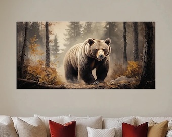 Majestic Brown Bear in Misty Forest Canvas Print | Wilderness Wall Art | Nature-Inspired Home Decor | Rustic Woodland Animal Painting md307