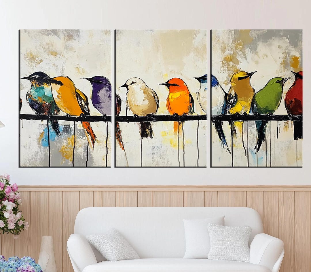 Colorful Birds on Wire Canvas Print – Vibrant and Modern Bird Art for ...