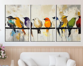 Colorful Birds on Wire Canvas Print – Vibrant and Modern Bird Art for Contemporary, Nature-Inspired, and Artistic Home Decor md276