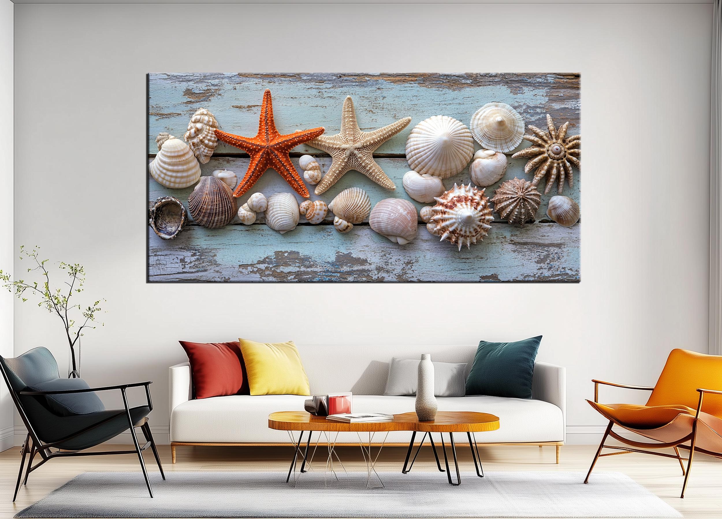 Coastal Canvas Print With Seashells and Starfish on Rustic Wood – Beach ...