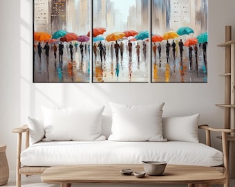 Colorful Umbrella Canvas Print | Large Wall Art | Rainy City Street Scene | Vibrant Urban Decor | Perfect Christmas Gift for Art Lovers m391
