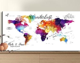 Map wedding guest book alternative canvas sign wedding gift  watercolor world map Wonderlust wgb21