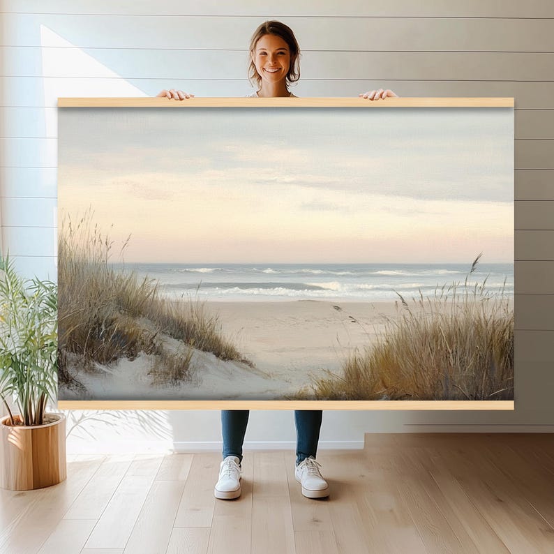 Coastal Beach Landscape Canvas Print | Ocean Waves and Sandy Dunes Wall ...