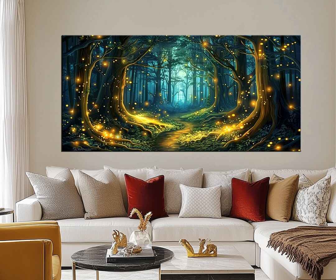 Magical Forest Canvas Print | Glowing Fireflies Night Scene Wall Art - Etsy