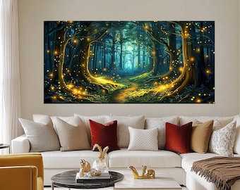 Impresión en lienzo de Bosque Mágico / Arte mural con escena nocturna de luciérnagas brillantes