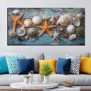 Beach Themed Wooden Effect Canvas Print | Coastal Shell Wall Art | Starfish & Seashell Large Wall Decor for Coastal Home Interiors md453