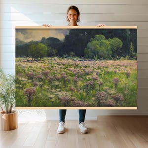 Tapiz de pared con paisaje de prado floreciente, impresión en lienzo grande, arte de tapiz de campo floral, decoración de pared natural para sala de estar o dormitorio h250