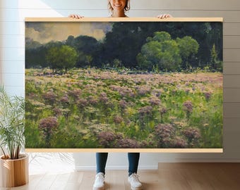 Blooming Meadow Landscape Wall Hanging | Large Canvas Print | Floral Field Tapestry Art | Nature Wall Decor for Living Room or Bedroom h250
