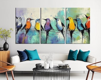 Vibrant Birds on a Wire Canvas Print | Whimsical Nature Art | Colorful Avian Wall Decor | Cheerful Home Painting md221