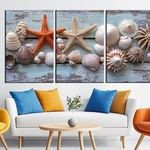 Coastal Canvas Print with Seashells and Starfish on Rustic Wood – Beach House Wall Art for Ocean-Inspired Decor md273
