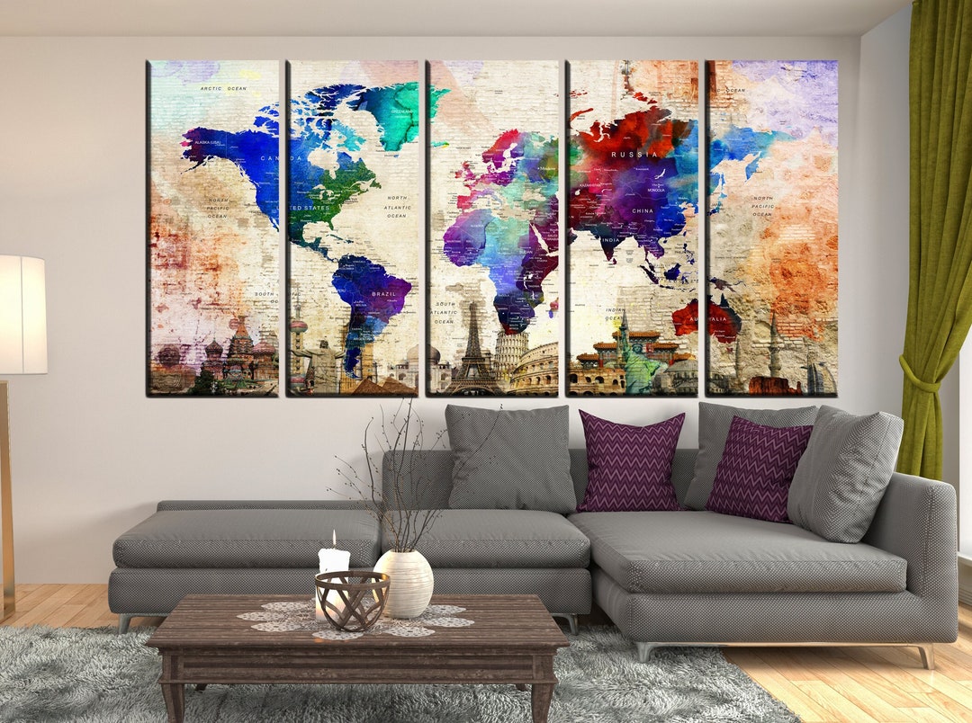Large Wall Art Push Pin World Map Canvas Print, Travel World Map, Extra ...