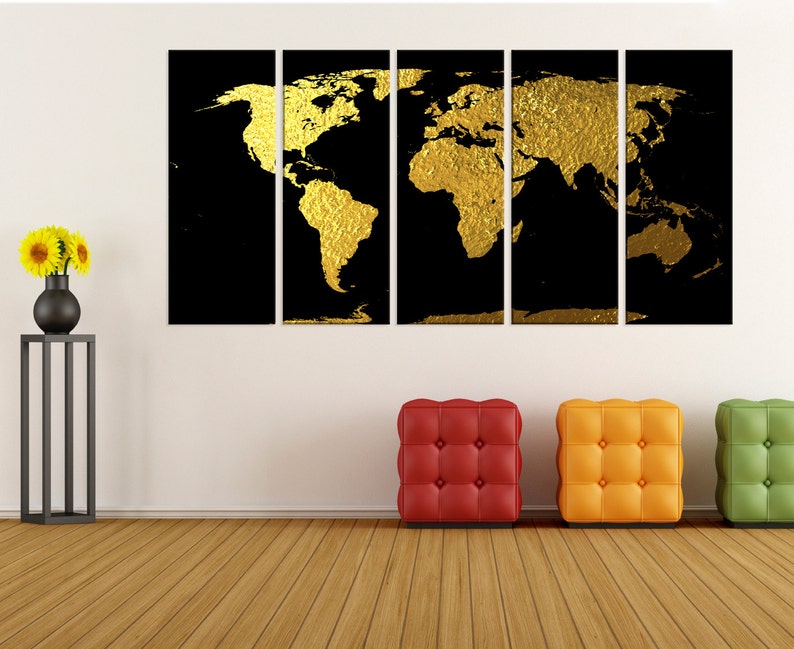 Large Gold World Map Wall Art Print Map Canvas Print Extra Etsy