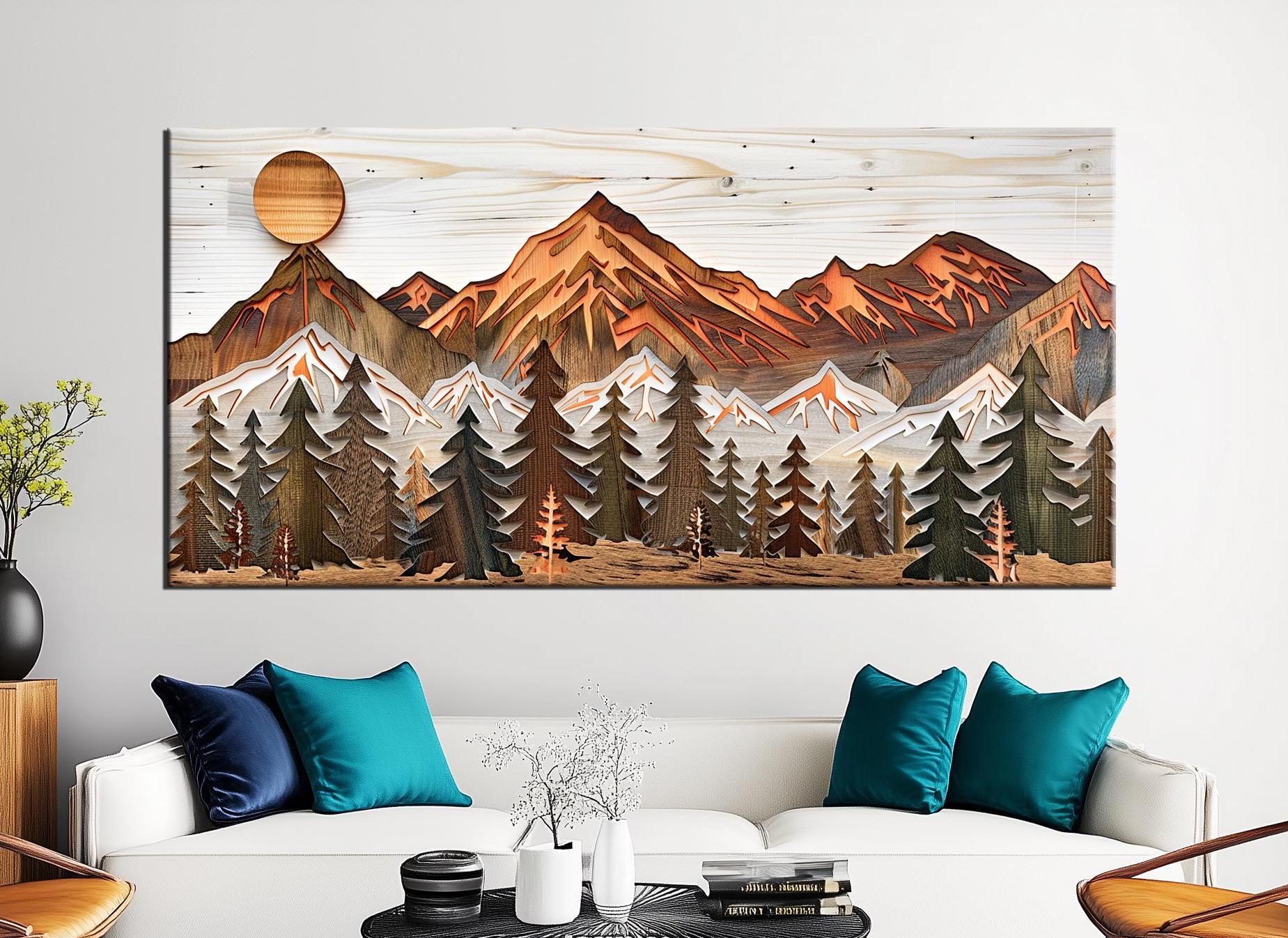 Sunset Mountain Forest Wall Art | Wood Effect Canvas Print | Large ...