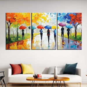 Colorful Autumn Walk Canvas Print | Abstract Umbrella Art | Vibrant Landscape Painting | Modern Wall Decor | Rainy Day Scene md200